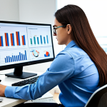 A focused professional data analyst, fully clothed in a modest business shirt and trousers, seated at a modern ergonomic desk. She is meticulously examining multiple large computer screens displaying complex data visualizations, including intricate bar charts, dynamic line graphs, and a transcribed user interview. Her well-formed hands rest naturally on a mouse and keyboard. The office background is clean, well-lit, and contemporary, suggesting a high-tech and analytical environment. The overall scene embodies deep analytical thought and data-driven insights. Perfect anatomy, correct proportions, natural pose. Safe for work, appropriate content, fully clothed, professional. High-resolution, studio lighting, sharp focus.