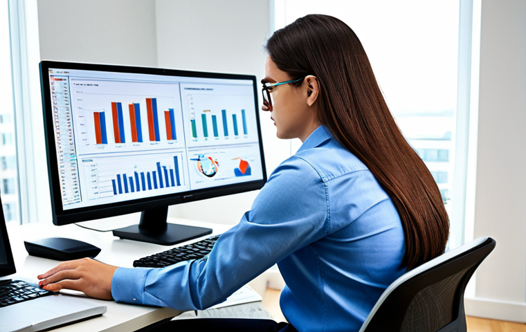 A focused professional data analyst, fully clothed in a modest business shirt and trousers, seated at a modern ergonomic desk. She is meticulously examining multiple large computer screens displaying complex data visualizations, including intricate bar charts, dynamic line graphs, and a transcribed user interview. Her well-formed hands rest naturally on a mouse and keyboard. The office background is clean, well-lit, and contemporary, suggesting a high-tech and analytical environment. The overall scene embodies deep analytical thought and data-driven insights. Perfect anatomy, correct proportions, natural pose. Safe for work, appropriate content, fully clothed, professional. High-resolution, studio lighting, sharp focus.