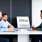 A diverse team of professionals collaborating around a table in a modern office. They are reviewing data charts and discussing customer feedback. Everyone is fully clothed in appropriate business attire. Safe for work, family-friendly, perfect anatomy, natural proportions, professional setting.