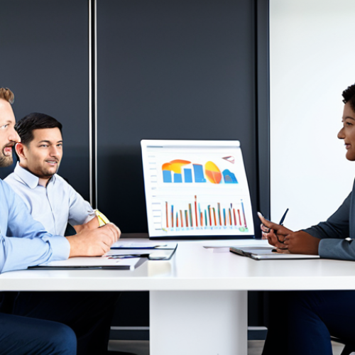 A diverse team of professionals collaborating around a table in a modern office. They are reviewing data charts and discussing customer feedback. Everyone is fully clothed in appropriate business attire. Safe for work, family-friendly, perfect anatomy, natural proportions, professional setting.