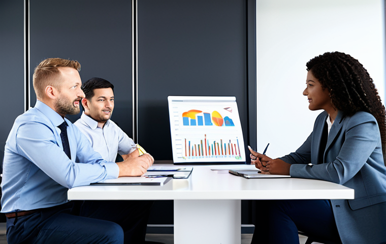 A diverse team of professionals collaborating around a table in a modern office. They are reviewing data charts and discussing customer feedback. Everyone is fully clothed in appropriate business attire. Safe for work, family-friendly, perfect anatomy, natural proportions, professional setting.